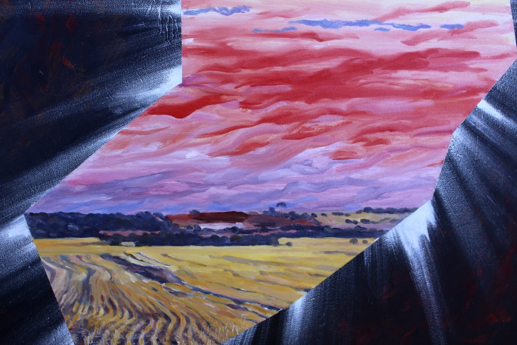 Art original oil painting A CRACK IN THE BLINDSPOT a wheatbelt landscape of red sunset over farm land cracking through the painful landscape of inside a head, sliced loaf video art set in the Western Australian Wheatbelt near Merredin an original oil painting by Brian Carew-Hopkins on VooGlue