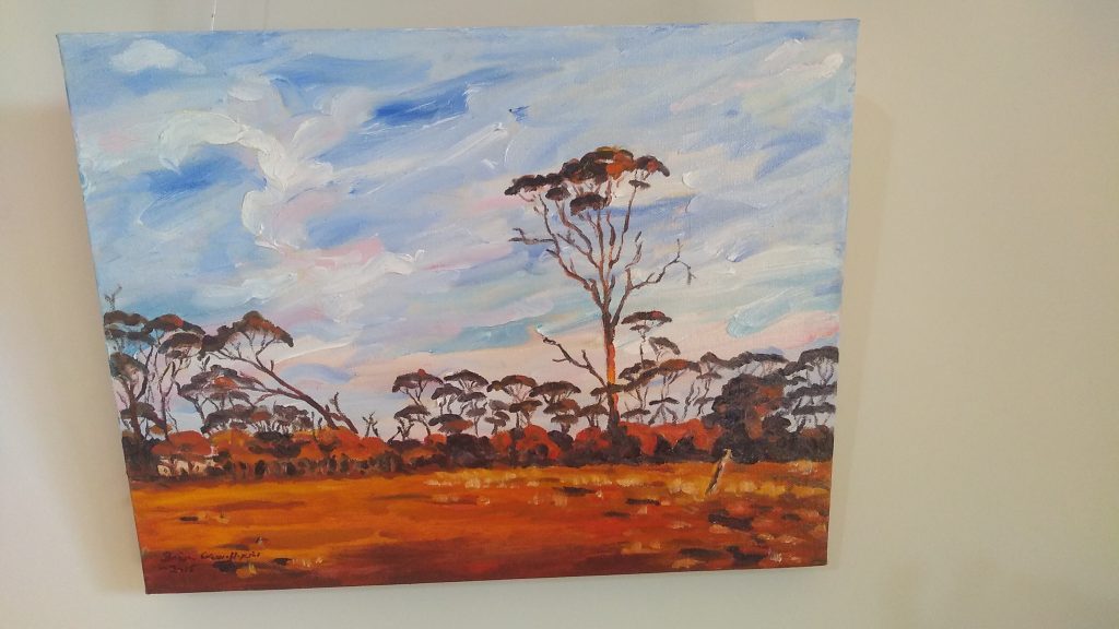 Front view of art original oil painting RAM PADDOCK AT SUNRISE a wheatbelt landscape of red sunrise reflecting off three stories of tree line set in the Western Australian Wheatbelt near Merredin an original oil painting by Brian Carew-Hopkins on VooGlue