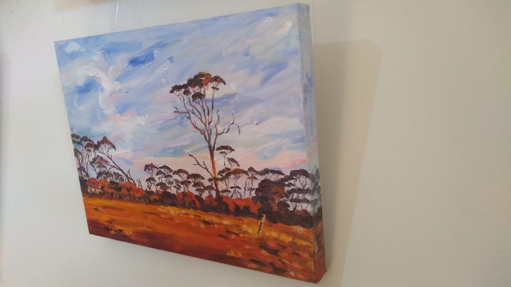 Right view of art original oil painting RAM PADDOCK AT SUNRISE a wheatbelt landscape of red sunrise reflecting off three stories of tree line set in the Western Australian Wheatbelt near Merredin an original oil painting by Brian Carew-Hopkins on VooGlue