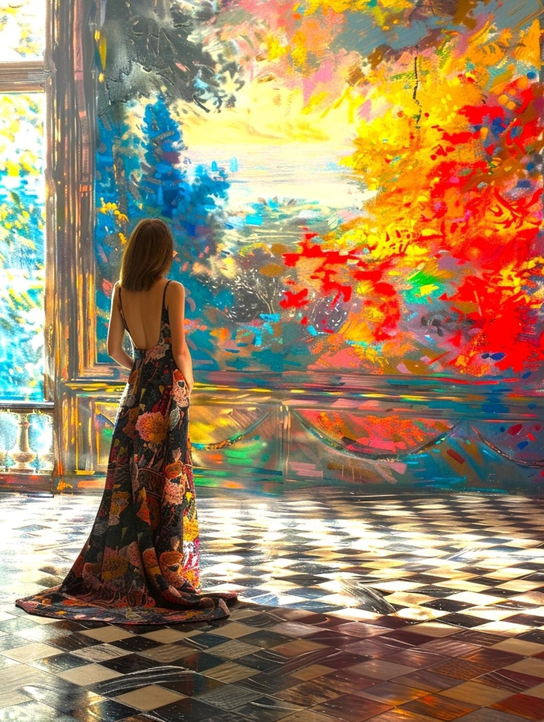 A Woman in a Floral Dress Stands Before a Vibrant Canvas