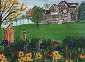 A Quiet Moment in the Gardendescription=The painting depicts a serene and peaceful scene, with a quaint house nestled amidst a lush garden. The house, with its weathered wood and charming windows, seems to exude a sense of warmth and comfort. The vibrant colors of the flowers add a touch of cheerfulness to the scene, while the birds perched on the fence provide a sense of tranquility. The painting is characterized by its use of simple yet effective brushstrokes, creating a sense of realism and capturing the beauty of nature. The artist has skillfully used color and composition to convey a feeling of peace and serenity. The overall effect is one of tranquility and harmony, inviting the viewer to take a moment and appreciate the simple beauty of the natural world.tags=countryside,flowers,birds,house,peaceful